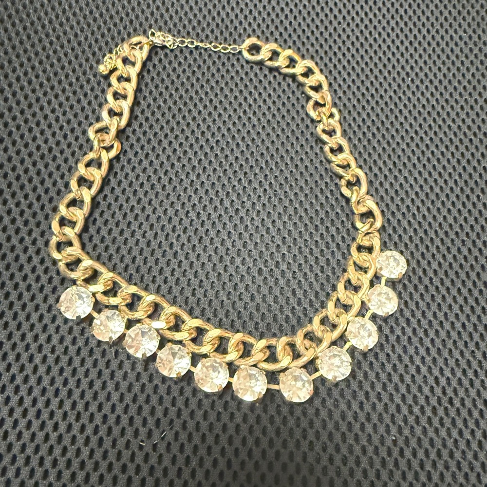 Gold Tone Chunky Curb Chain Statement Necklace with Clear Round Crystals 19"
